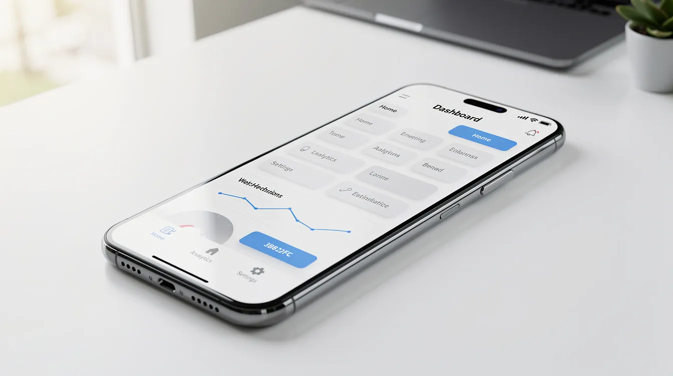 A modern smartphone is shown displaying a web application with a clean interface design, simulating mobile devices using a chrome browser emulator. The screen highlights various features and tools, emphasizing the user-friendly layout and functionality of the app.