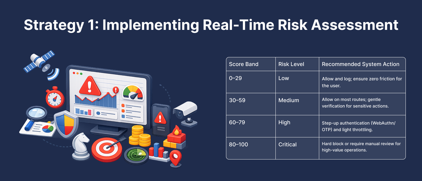 Illustration showing real-time risk assessment strategy with risk scoring levels, security monitoring dashboard, and automated system actions.
