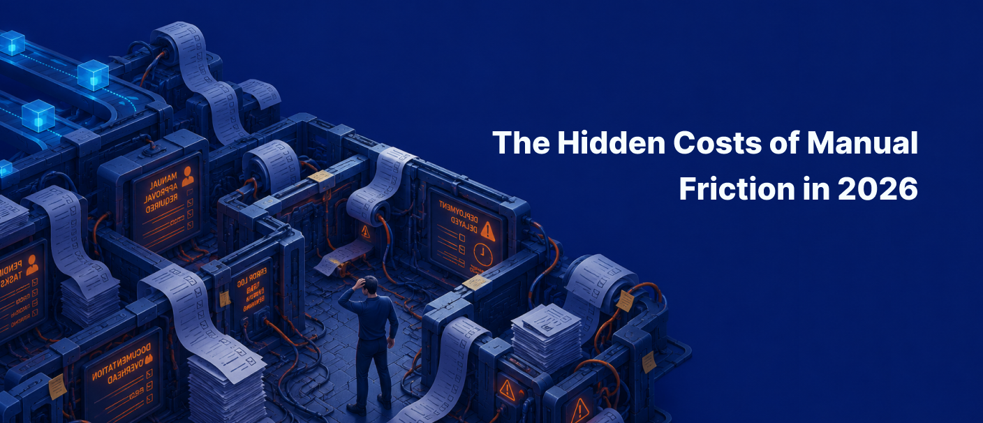 Illustration showing the hidden operational costs of manual friction in engineering workflows, deployment pipelines, and infrastructure management.