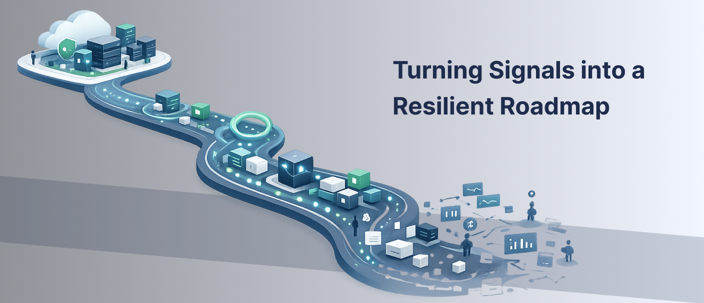 Illustration showing how operational signals and monitoring insights help build a resilient roadmap for scalable and secure infrastructure.
