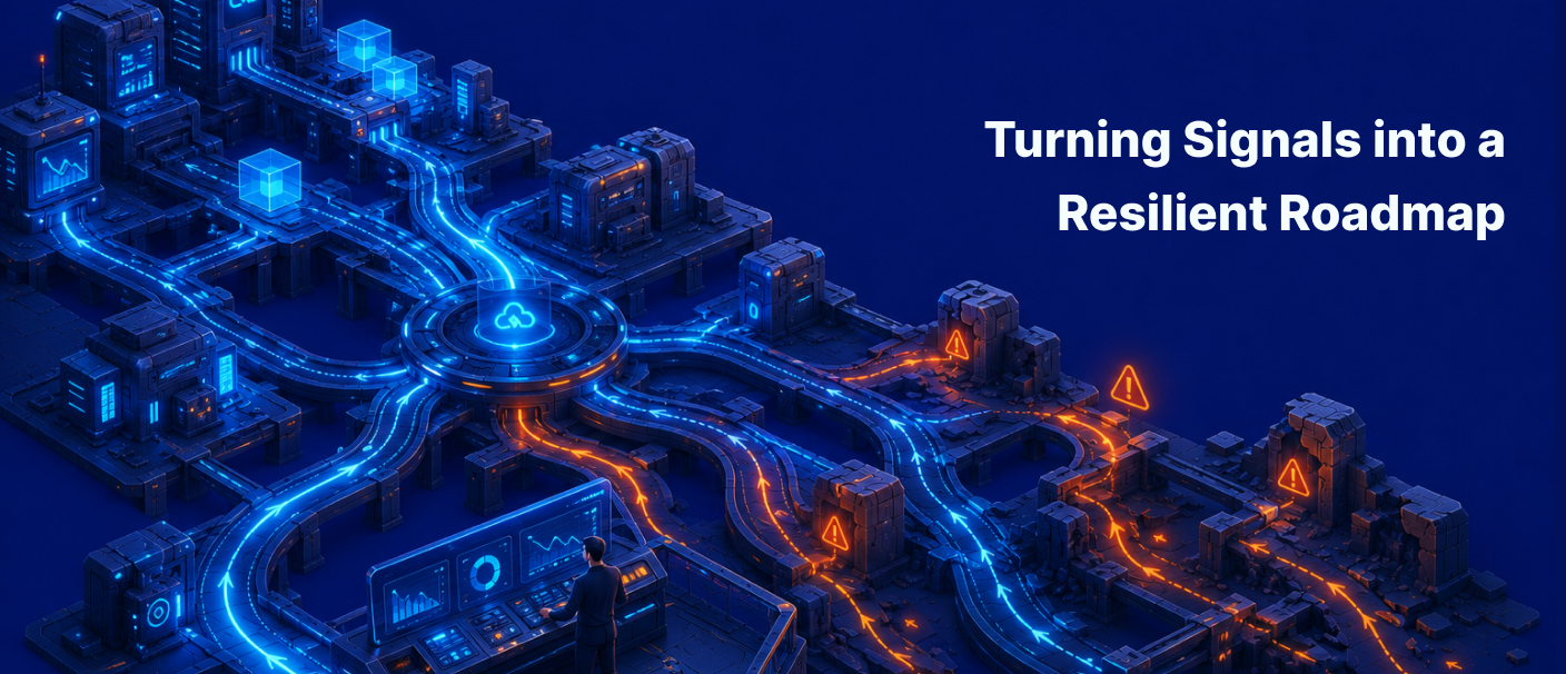 Illustration showing how operational signals and monitoring data are transformed into a resilient infrastructure roadmap for secure and scalable systems.