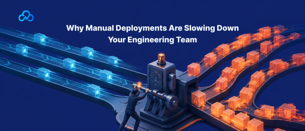Illustration showing how manual deployments slow engineering teams through operational bottlenecks, deployment delays, and inefficient workflows.