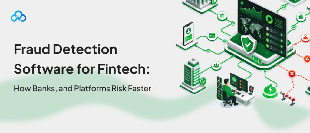 Banner image for fraud detection software for fintech, showing banking, payments, fraud alerts, security checks, and risk monitoring elements.