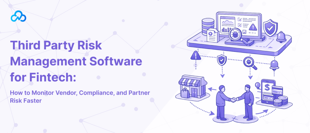 Banner image for third party risk management software for fintech, showing vendor monitoring, partner risk, compliance checks, and risk control elements.