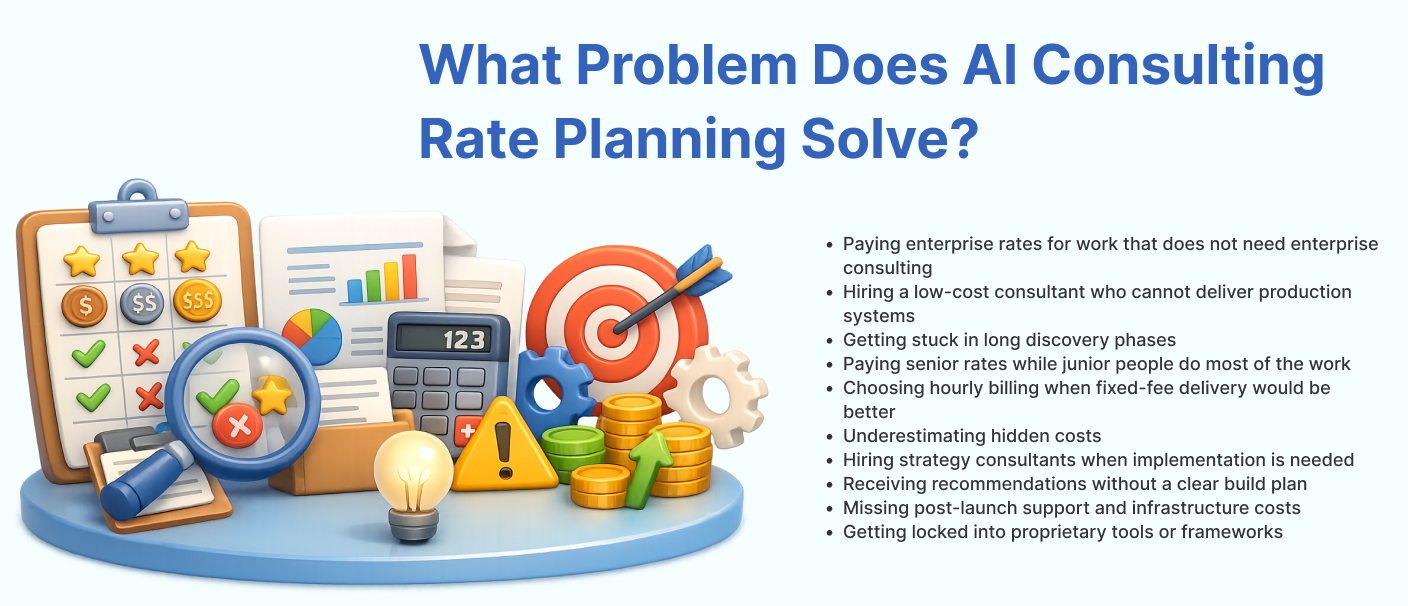 Illustration showing common AI consulting pricing problems such as enterprise consulting costs, hourly billing, hidden expenses, and implementation challenges.