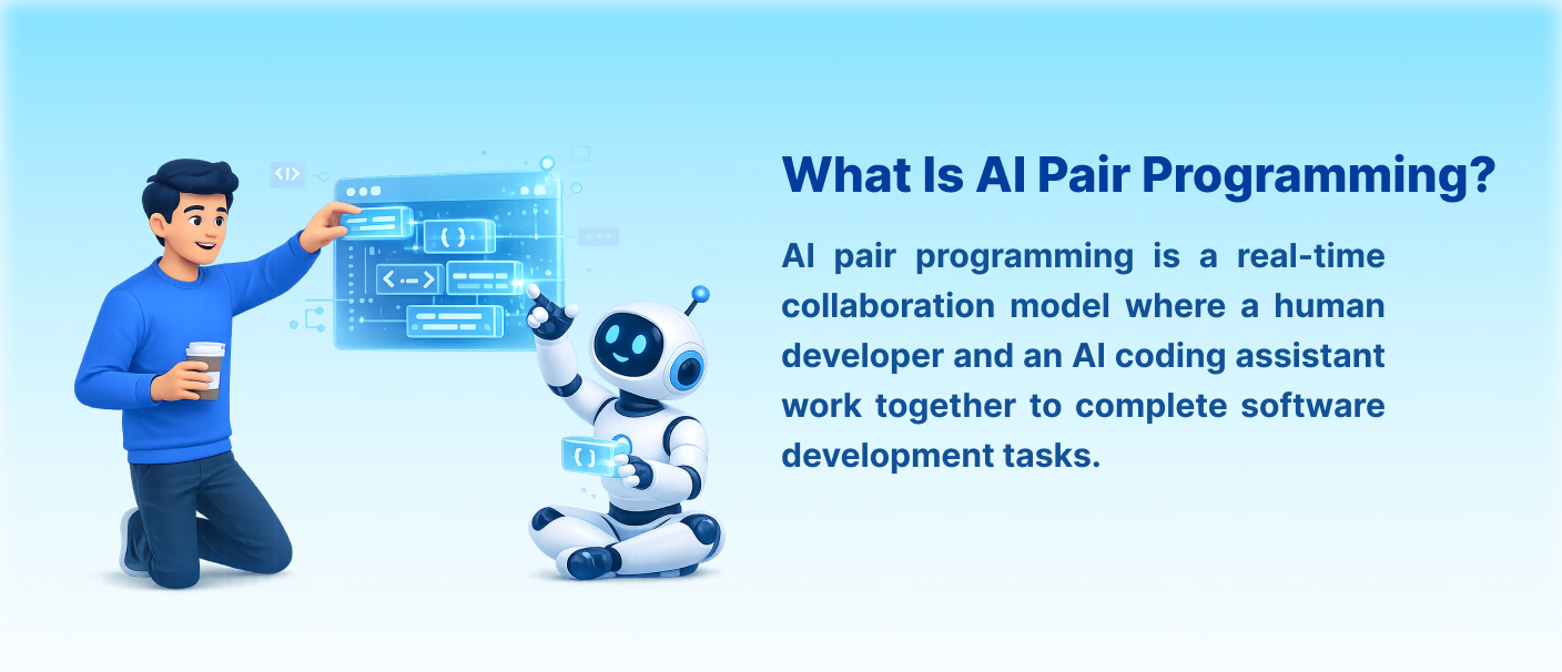 Human developer and AI coding assistant working together through AI pair programming