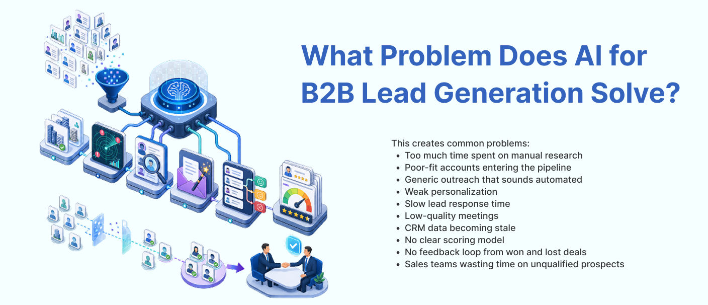 AI for B2B lead generation helping businesses solve manual research, poor lead quality, weak personalization, stale CRM data, and unqualified prospects