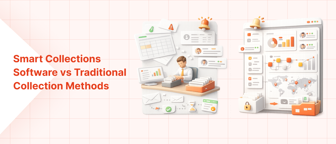 Infographic comparing smart collections software with traditional collection methods for automated loan recovery, workflow efficiency, and borrower engagement