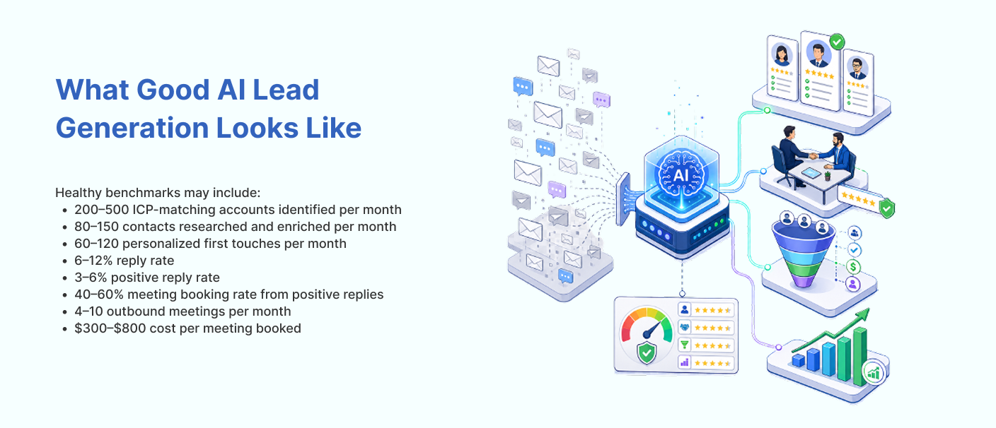 AI lead generation system showing qualified B2B prospects, personalized outreach, lead scoring, meeting booking, and sales pipeline growth
