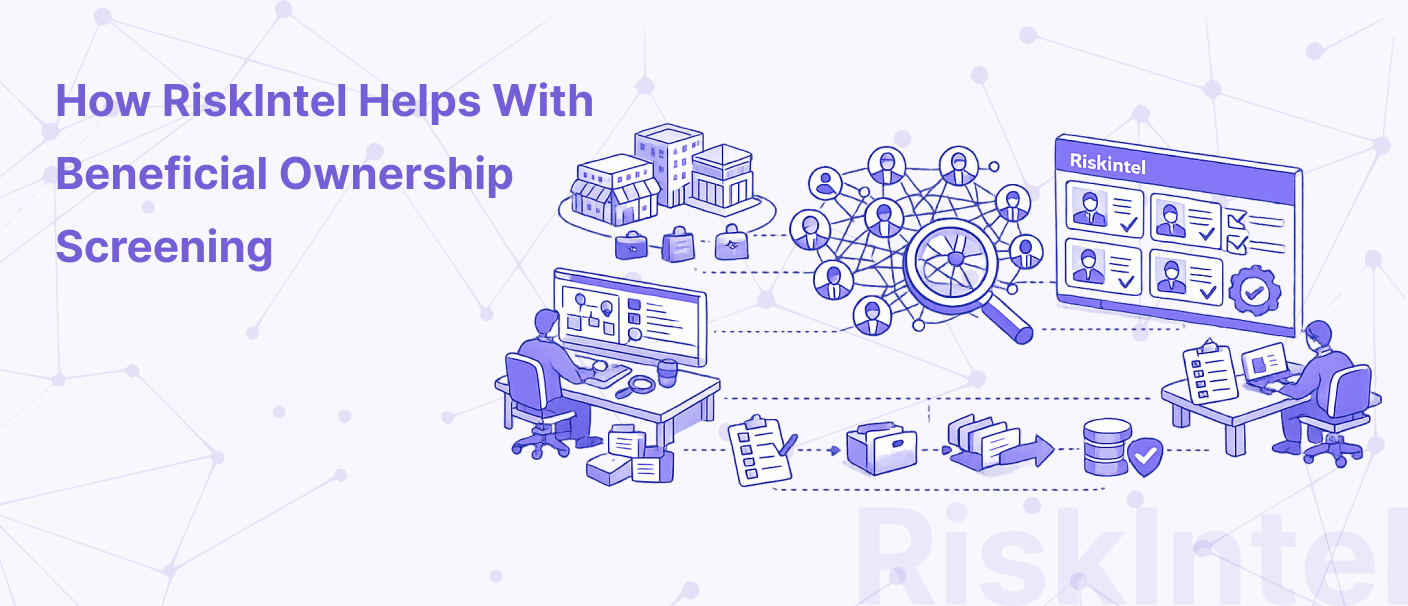 Illustration showing how RiskIntel helps with beneficial ownership screening through UBO identification, ownership mapping, risk assessment, and AML compliance for fintech business onboarding.