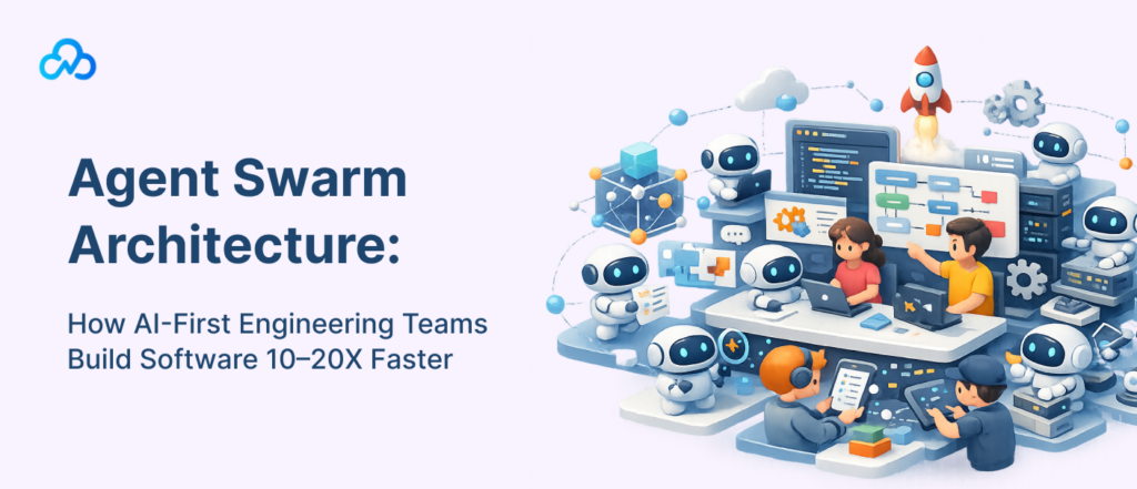 Agent swarm architecture showing AI agents and human engineers collaborating to build software faster