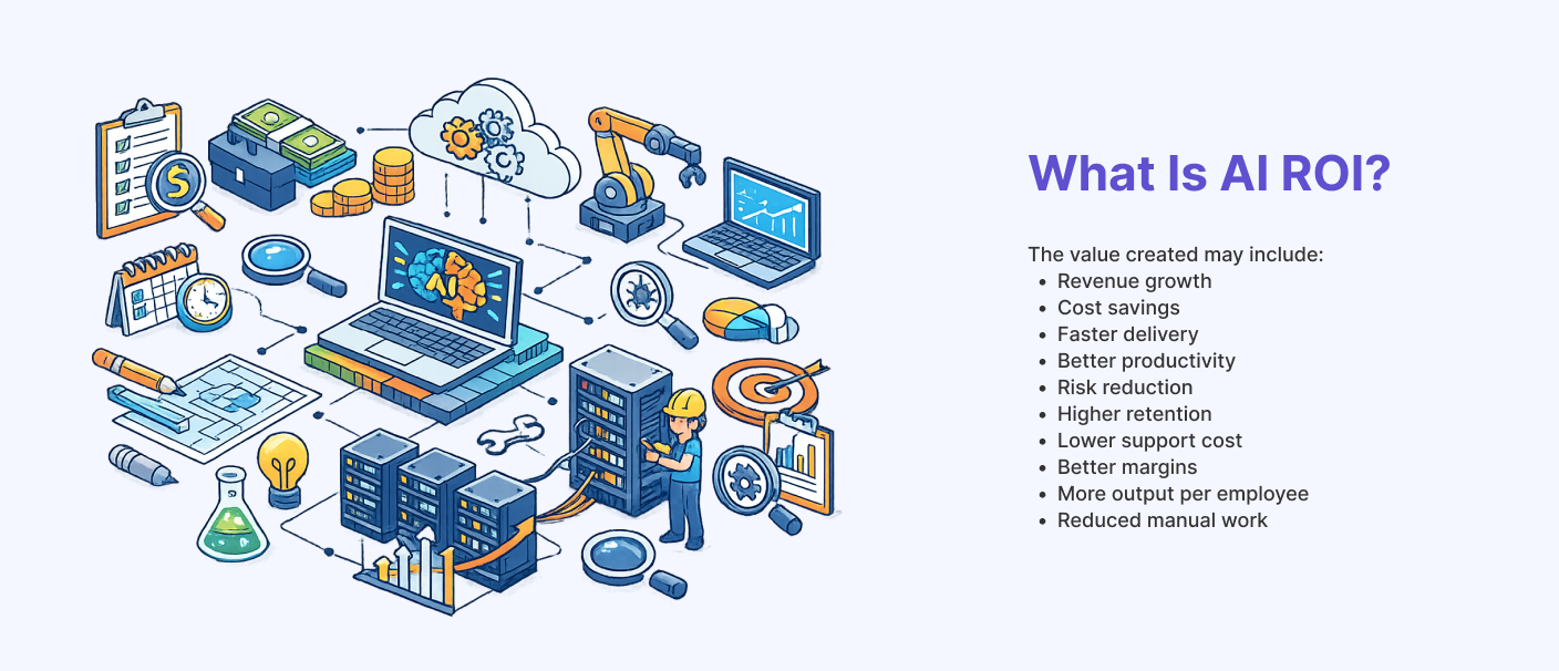 AI ROI showing revenue growth, cost savings, productivity, risk reduction, and reduced manual work