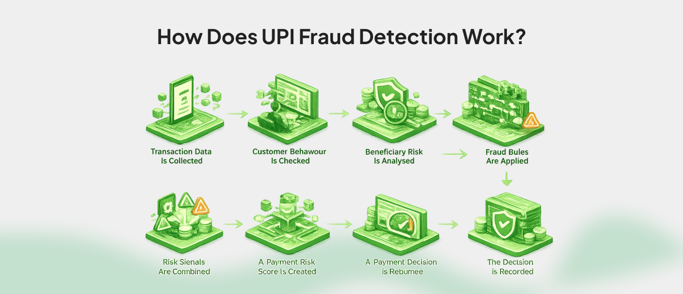 Infographic showing how UPI fraud detection works using transaction monitoring, customer behavior analysis, risk scoring, fraud rules, and real-time decisioning