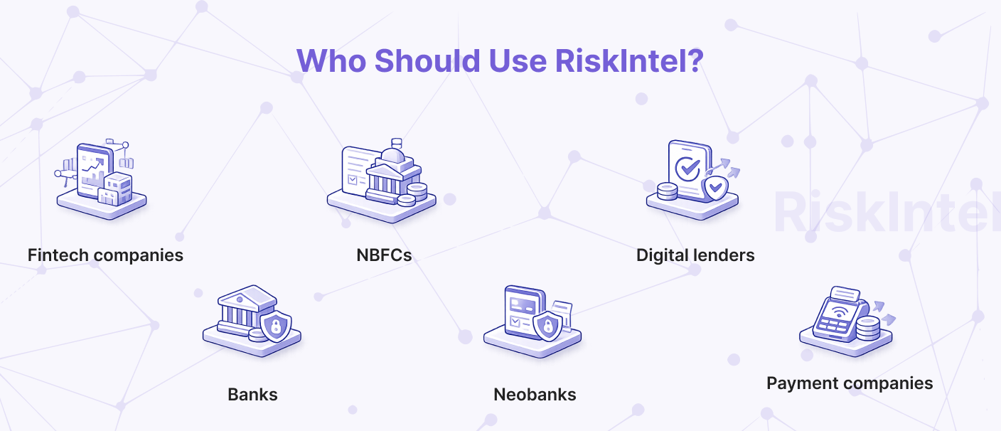 Infographic showing who should use RiskIntel, including fintech companies, banks, NBFCs, neobanks, digital lenders, and payment companies for customer screening and compliance automation