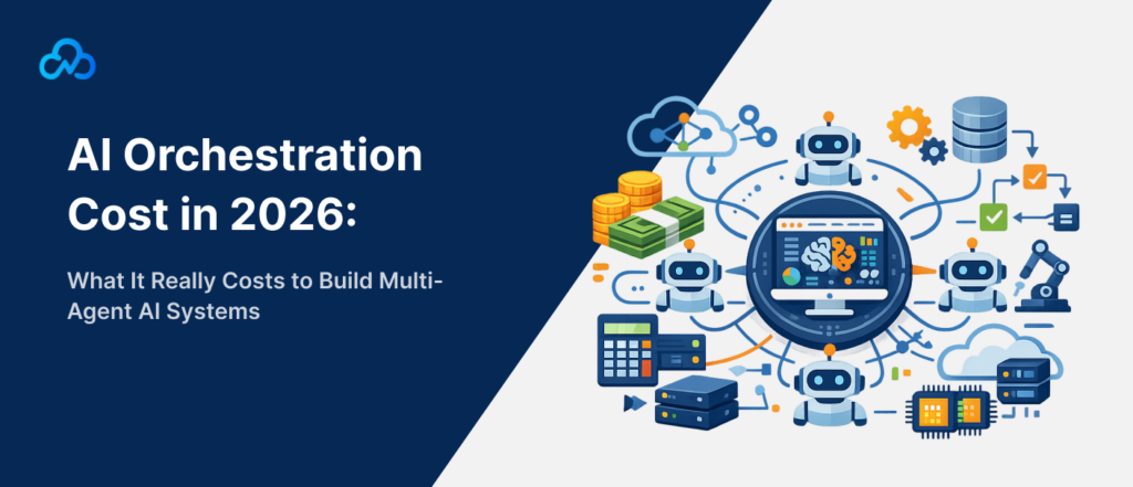 AI orchestration cost in 2026 illustration featuring multiple AI agents, cloud systems, databases and automation tools.