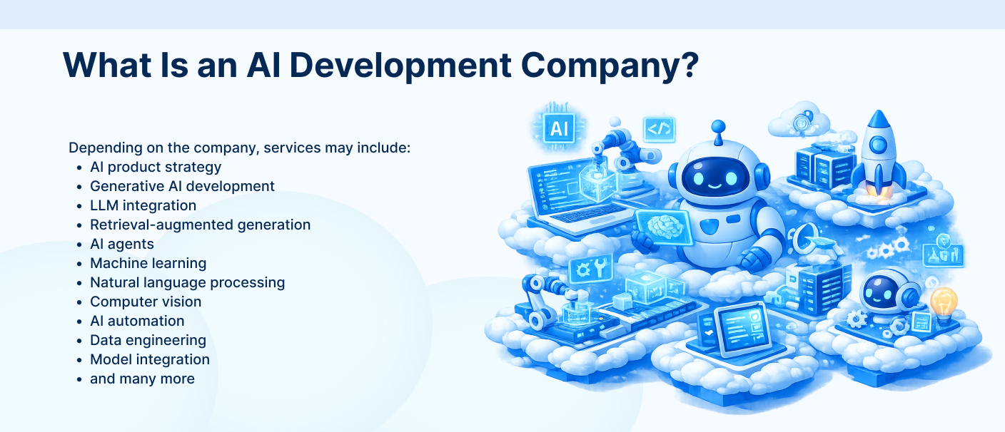 What an AI development company does, including generative AI, LLM integration, RAG, AI agents and automation