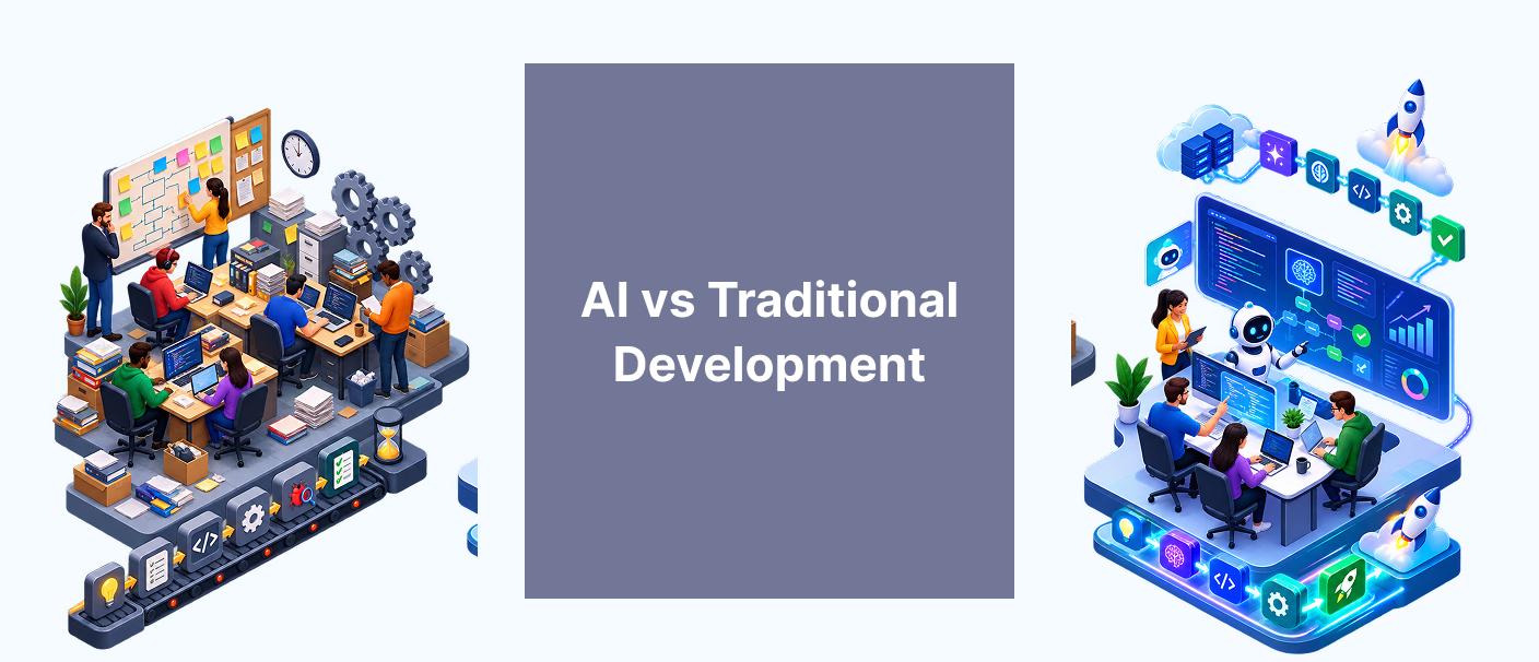 AI vs traditional development comparison showing traditional software teams and AI-first development workflows