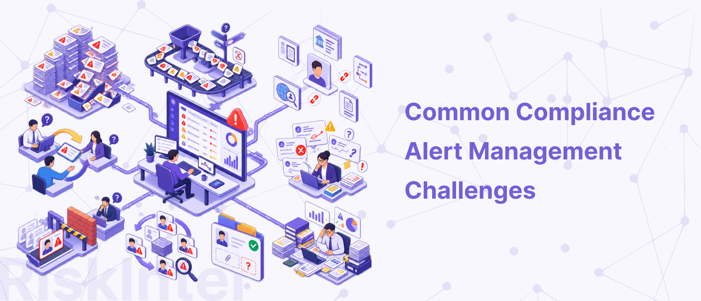 Illustration showing common compliance alert management challenges, with dashboards, alerts, documents, and security-related icons.