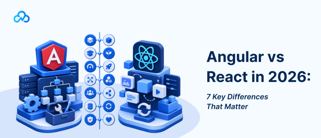 Angular vs React in 2026 comparison covering seven key differences for web development